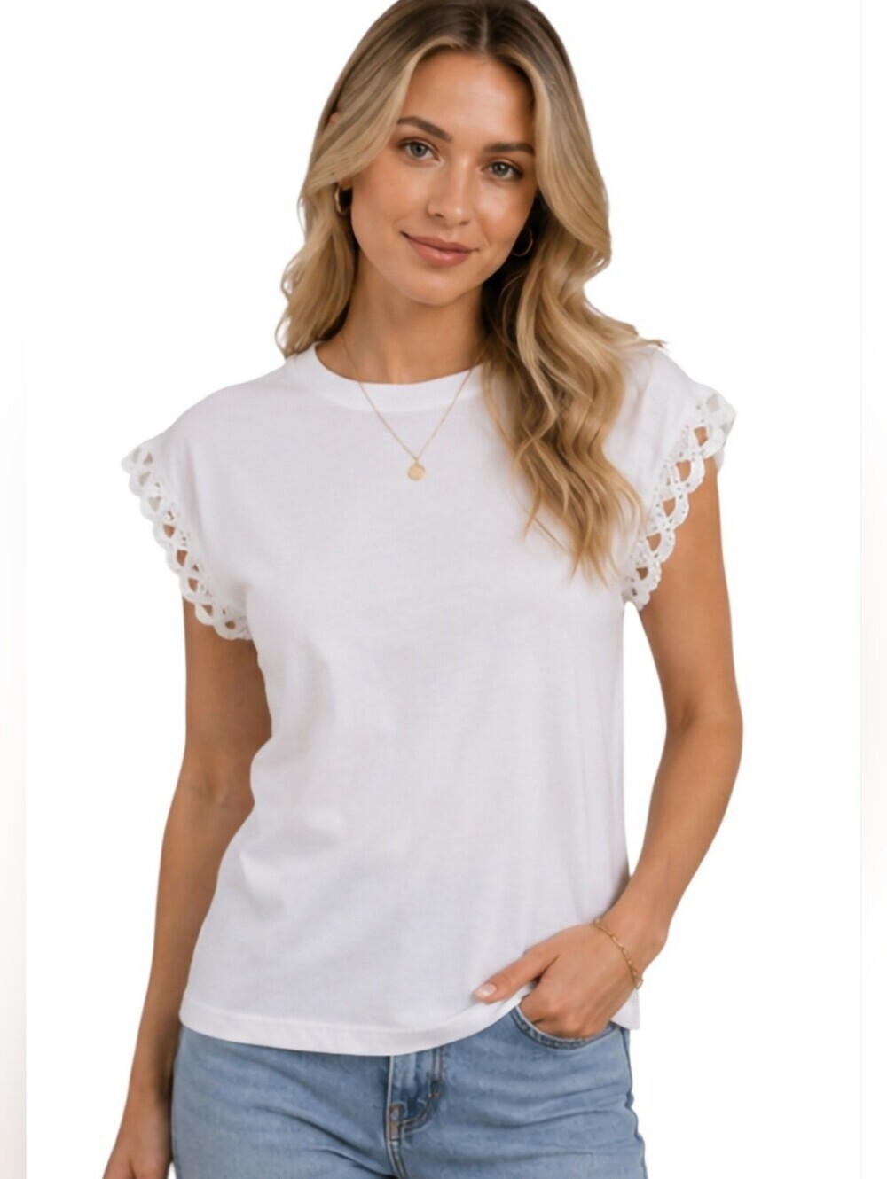 NWT Molly Bracken White Crochet Trim Sleeve Tee XS